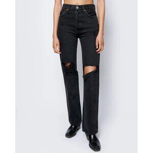 RE/DONE Women's 90s High Rise Loose Jeans Size 26 In Washed Black With Rips